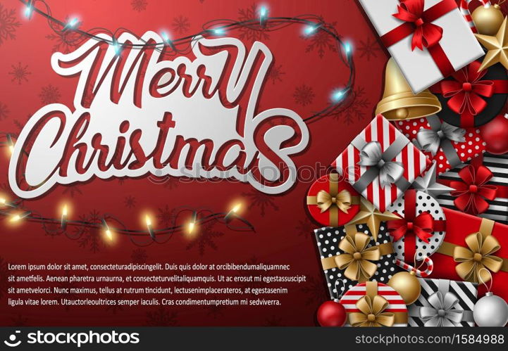 Vector illustration of Merry christmas typographical with different gift box and christmas elements on red background