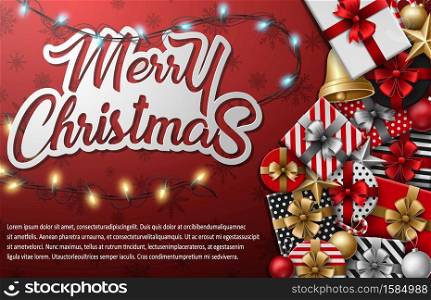 Vector illustration of Merry christmas typographical with different gift box and christmas elements on red background