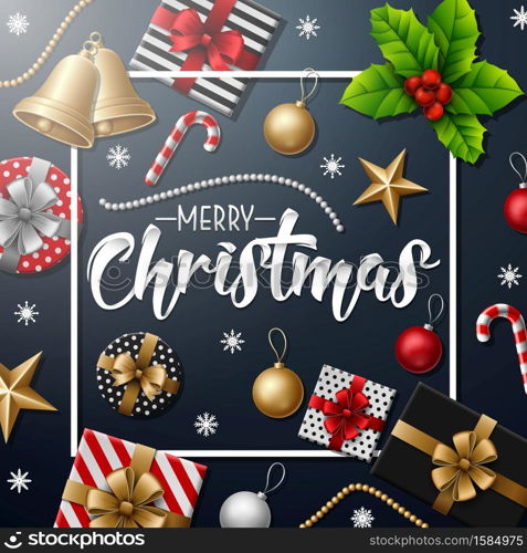 Vector illustration of Merry Christmas with Christmas elements on blue background