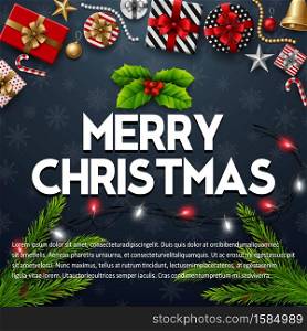 Vector illustration of Merry christmas with gift box and christmas elements on black background