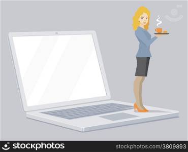 Vector illustration of miniature woman portrait secretary with coffee in hand stands on the notebook on grey background