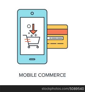 Vector illustration of mobile commerce flat line design concept.