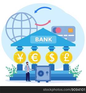 Vector illustration of modern business concept style. Currency exchange, online money transactions, stock trading icon set. Open banking platform, stock market metaphor.