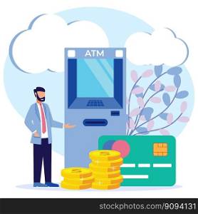 Vector illustration of modern business concept style. The character of the person makes money withdrawals at ATMs, manages investments in cards. Cash withdrawal from ATMs.