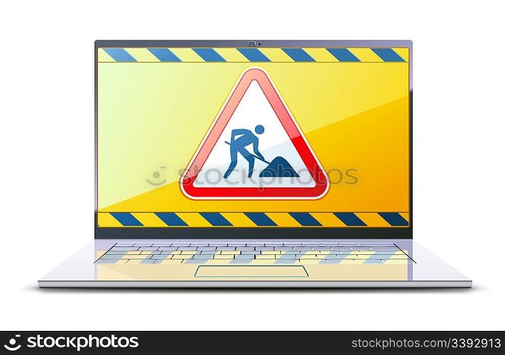 Vector illustration of modern laptop with Under Construction Sign on the display