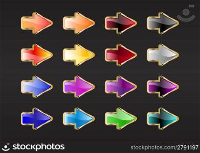 Vector illustration of modern, shiny, arrow buttons on the black background.