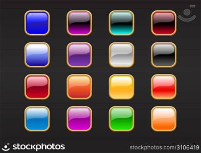 Vector illustration of modern, shiny, square buttons on the black background.