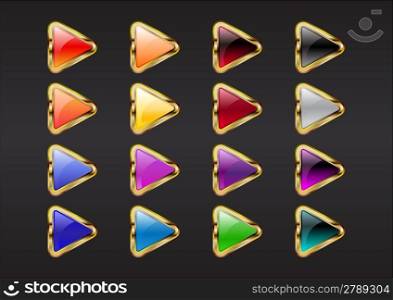 Vector illustration of modern, shiny, triangle arrow buttons on the black background.