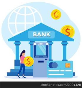 Vector illustration of modern style business concept, bank building, saving money, money changer, financial services, ATM, distributing money, starting a business.