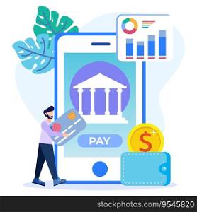 Vector illustration of modern style mobile banking concept of person character using app for money transfer and online banking