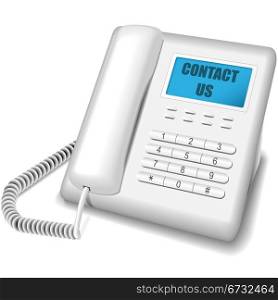 Vector illustration of modern white telephone isolated on white background. Contact us icon.