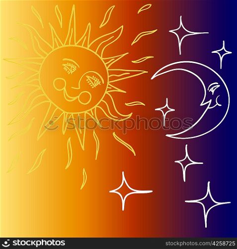 Vector illustration of Moon and Sun with faces