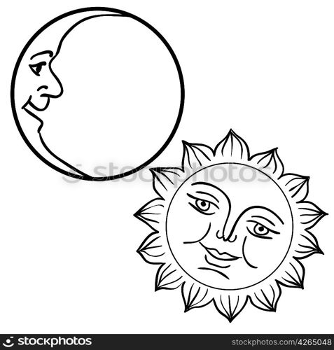 Vector illustration of Moon and Sun with faces