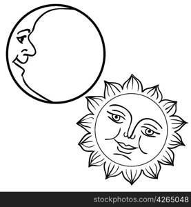 Vector illustration of Moon and Sun with faces