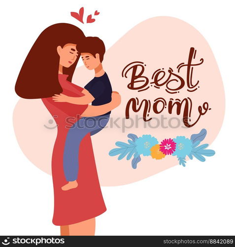 Vector Illustration Of Mother Holding Baby Son In Arms. Happy Mother s Day Greeting Card.. Vector Illustration Of Mother Holding Baby Son In Arms. Happy Mother s Day Greeting Card