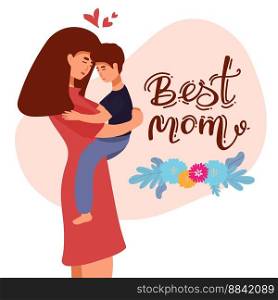 Vector Illustration Of Mother Holding Baby Son In Arms. Happy Mother s Day Greeting Card.. Vector Illustration Of Mother Holding Baby Son In Arms. Happy Mother s Day Greeting Card