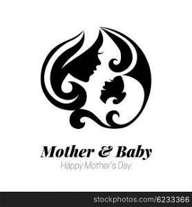 Vector illustration of mother silhouette with her baby. Card of Happy Mothers Day. Logo of beautiful woman and child