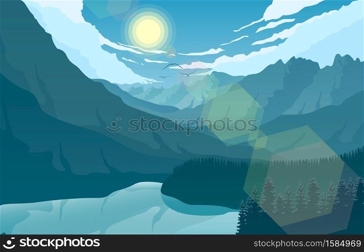 Vector illustration of Mountain landscape with and lake at sunrise