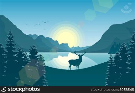 Vector illustration of Mountain landscape with deer in a forest near a lake