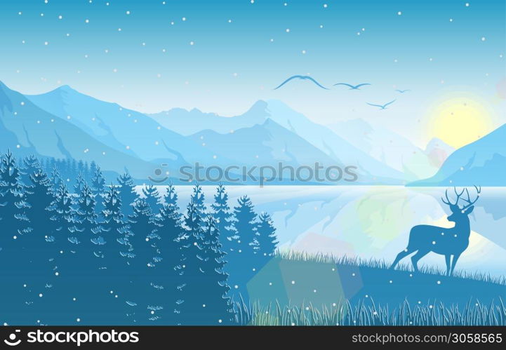 Vector illustration of Mountain landscape with deer in a forest near a lake