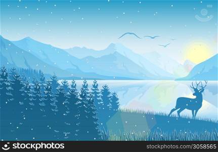Vector illustration of Mountain landscape with deer in a forest near a lake