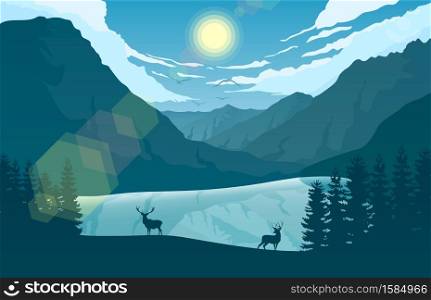 Vector illustration of Mountain landscape with two deer in a forest near a lake