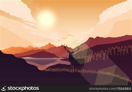 Vector illustration of Mountains landscape with deer on the hills at sunset