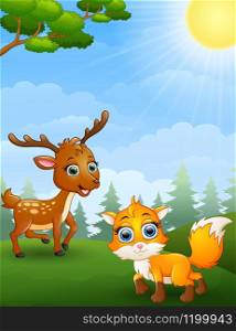 Vector illustration of Mouse deer and baby fox cartoon in the jungle