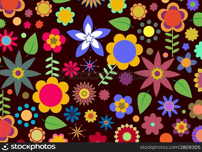 Vector illustration of multicolored funky flowers abstract pattern on black background