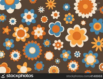 Vector illustration of multicolored funky flowers abstract pattern on brown background