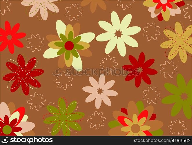 Vector illustration of multicolored funky flowers abstract pattern on brown background