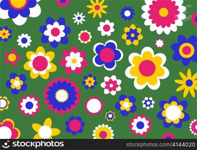 Vector illustration of multicolored funky flowers abstract pattern on green background