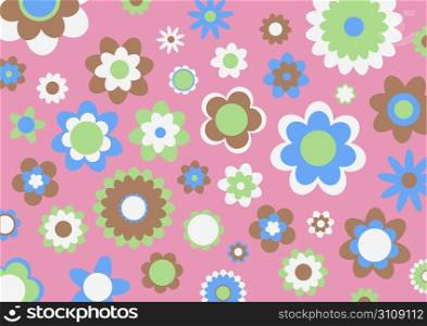 Vector illustration of multicolored funky flowers abstract pattern on pink background