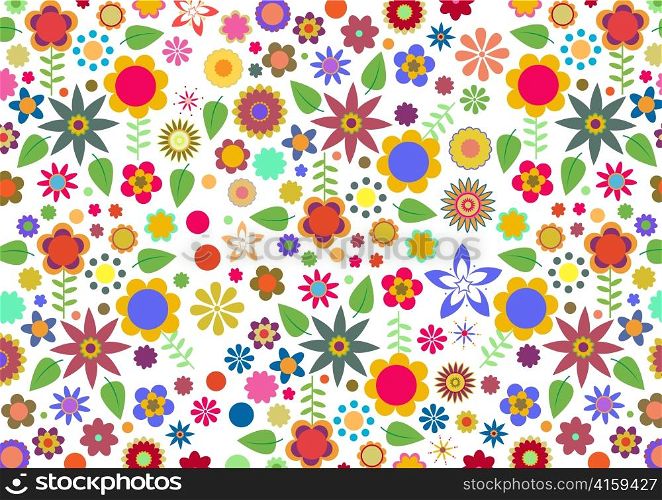 Vector illustration of multicolored funky flowers and leaves abstract pattern on white background