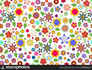 Vector illustration of multicolored funky flowers and leaves abstract pattern on white background