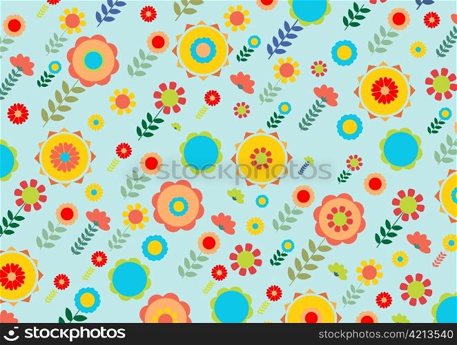 Vector illustration of multicolored funky flowers and leaves retro pattern on blue background