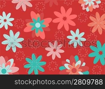 Vector illustration of multicolored funky flowers and leaves retro pattern on red background