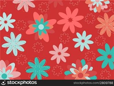Vector illustration of multicolored funky flowers and leaves retro pattern on red background