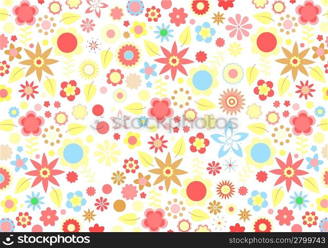 Vector illustration of multicolored funky flowers and leaves retro pattern on white background