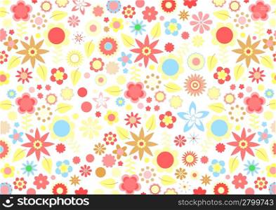 Vector illustration of multicolored funky flowers and leaves retro pattern on white background