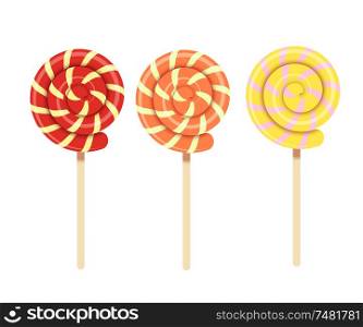 Vector illustration of multicolored spiral sweet lollipops. Fruit candy sweet dessert isolate on a white background