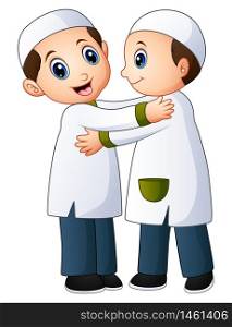 Vector illustration of Muslim kid couple embrace for each other