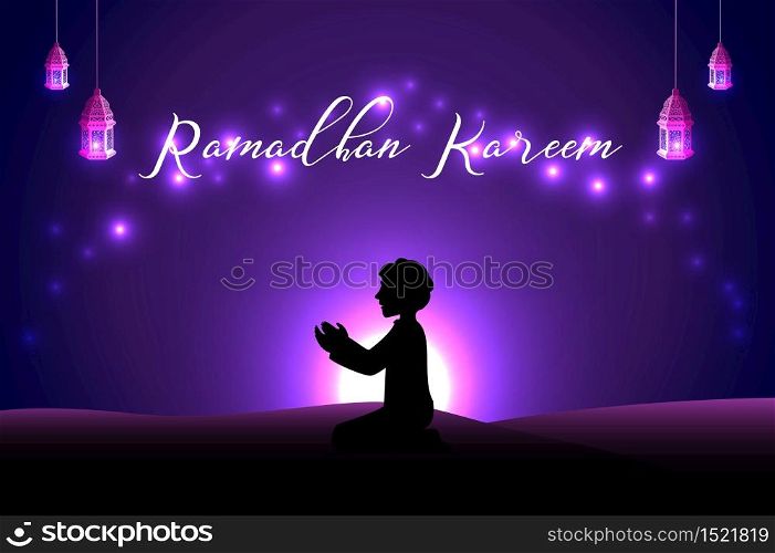 Vector illustration of Muslim man praying silhouette at the desert night day