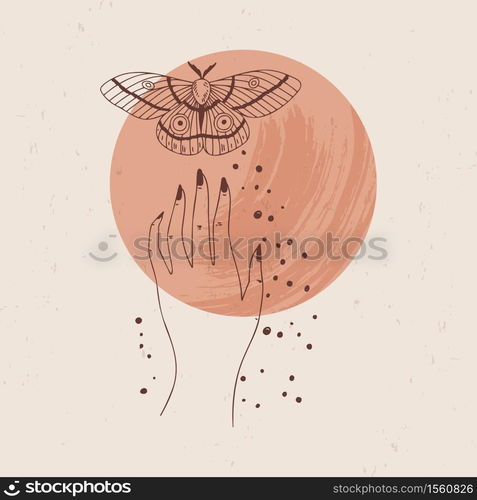 Vector illustration of mystical and esoteric logos in a trendy minimal linear style. Vector emblems in boho style - moon, hand and moth.