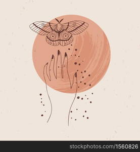 Vector illustration of mystical and esoteric logos in a trendy minimal linear style. Vector emblems in boho style - moon, hand and moth.