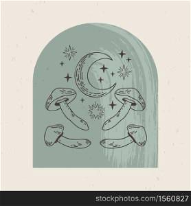 Vector illustration of mystical and esoteric logos in a trendy minimal linear style. Vector emblems in boho style - moon, luna, mushrooms