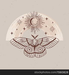 Vector illustration of mystical and esoteric logos in a trendy minimal linear style. Vector emblems in boho style - moth, moon, sun and stars.