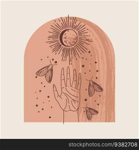 Vector illustration of mystical and esoteric logos in a trendy minimal lineart style. Vector emblems in boho style - sun, moth and hand