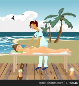Vector illustration of naked woman pampering herself by enjoying day spa massage on the beach, back massage, wellness wooden salon in thailand, flat cartoon illustration