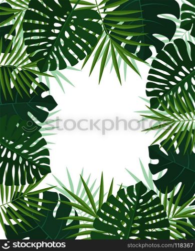 Vector illustration of natural background with palm green leaves. Exotic green tree leaves. Palm green leaves
